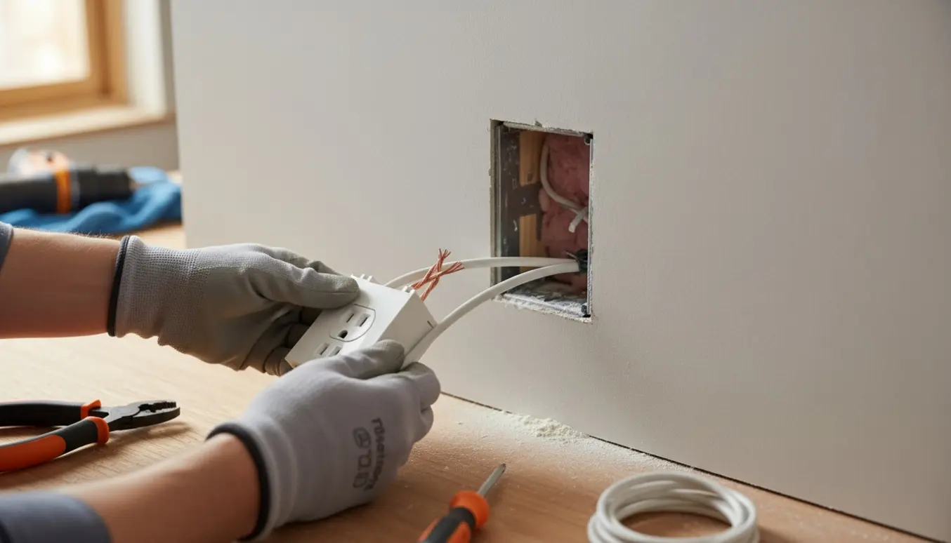 Nærbillede af hænder i isolerede handsker, der fører en elkabel ind i væggen ved montering af en ny stikkontakt.