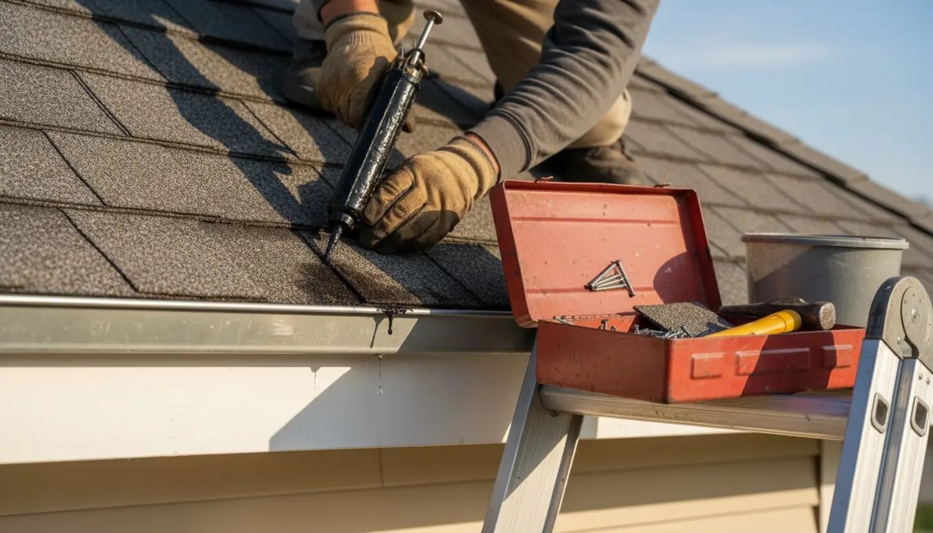 En tagreparatør på stige tæt ved tagrenden påfører tagtætning med handsker, mens en næsten tom værktøjskasse viser manglende materialer.