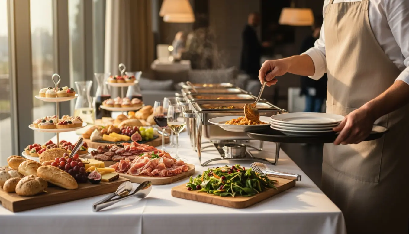 Hænder fylder op og rydder af et buffetbord med fade og serveringsfade i varmt, naturligt lys.