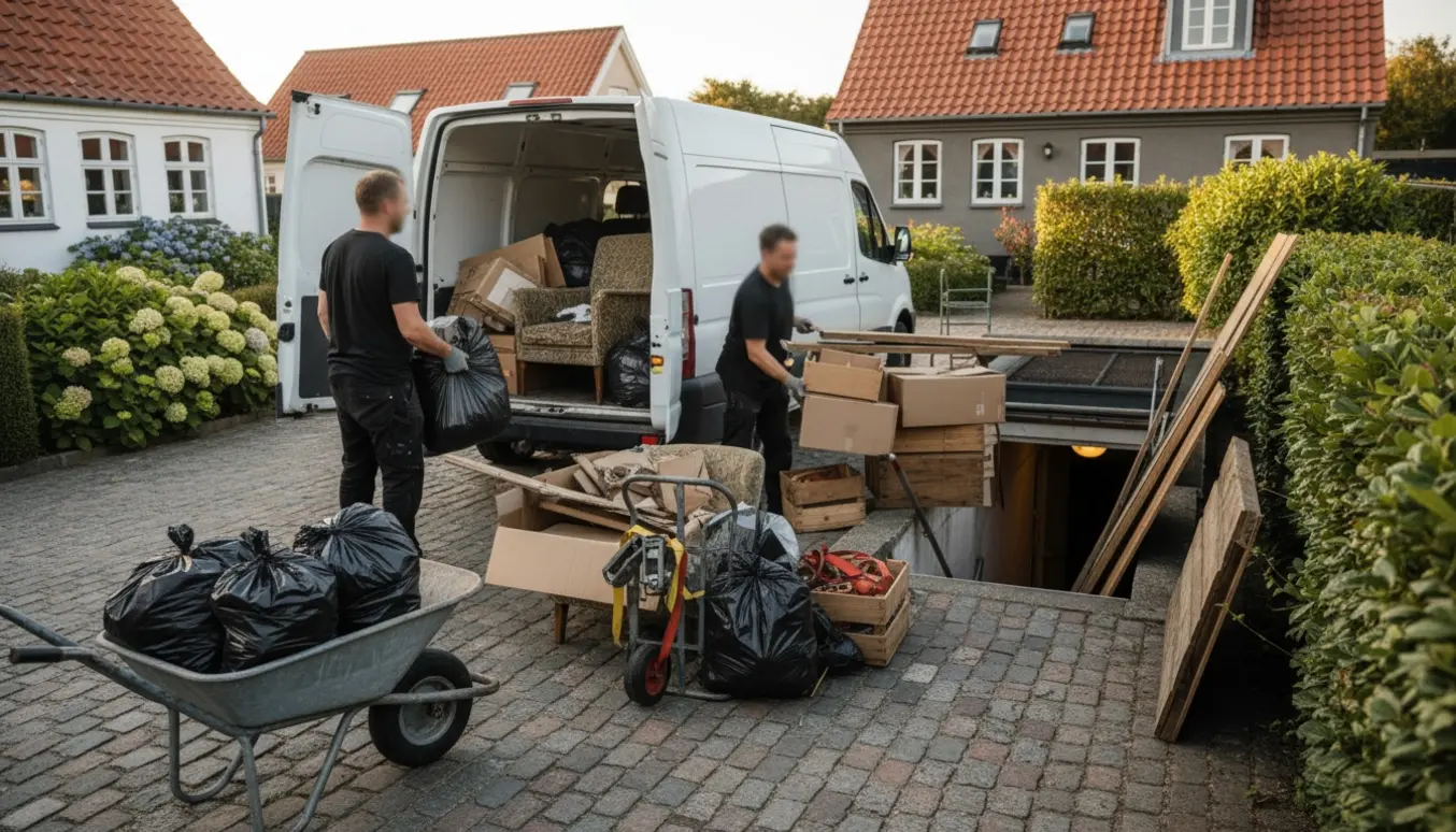 Affald og byggematerialer flyttes fra hus til en varevogn og ned i en åben kælder.