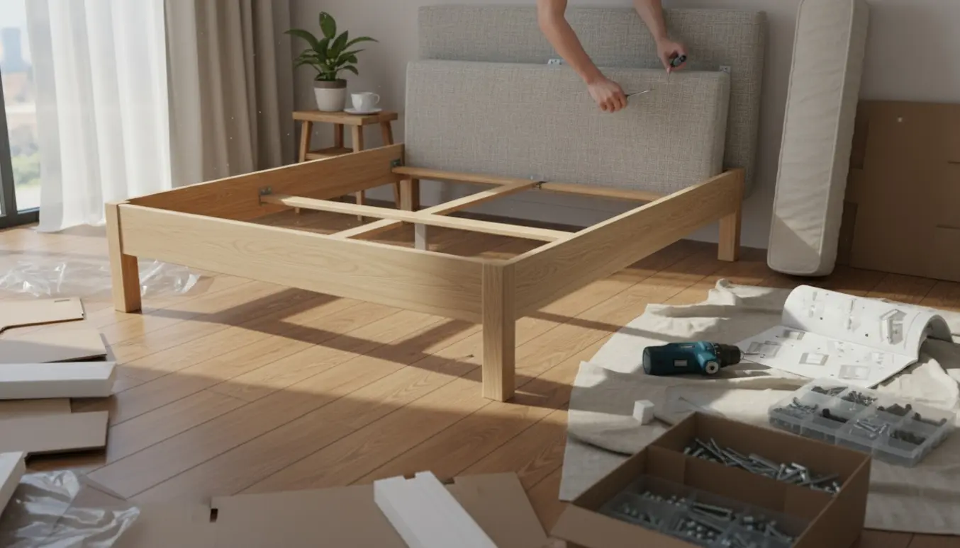 Nærbillede af samling af en dobbeltseng og sengegavl med værktøj og monteringsvejledning i et lyst soveværelse.