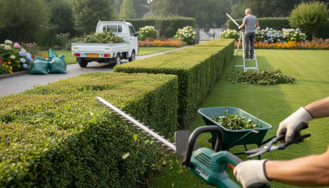 Lang hæk i en forstadshave under beskæring med hækkeklipper, trillebør og klar til bortkørsel af grønt affald.