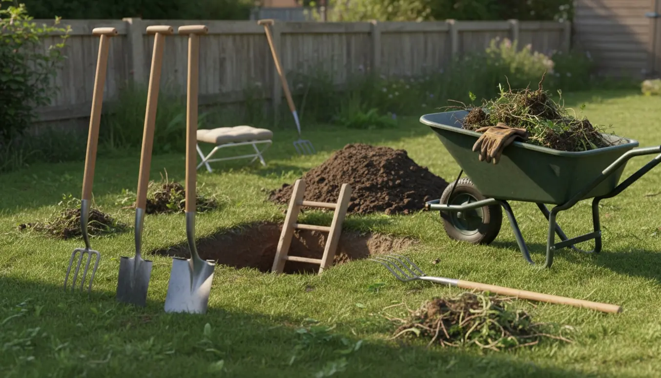 Et nygravet firkantet hul i en have med spader, trillebør fyldt med fjernet ukrudt og bunker af jord.