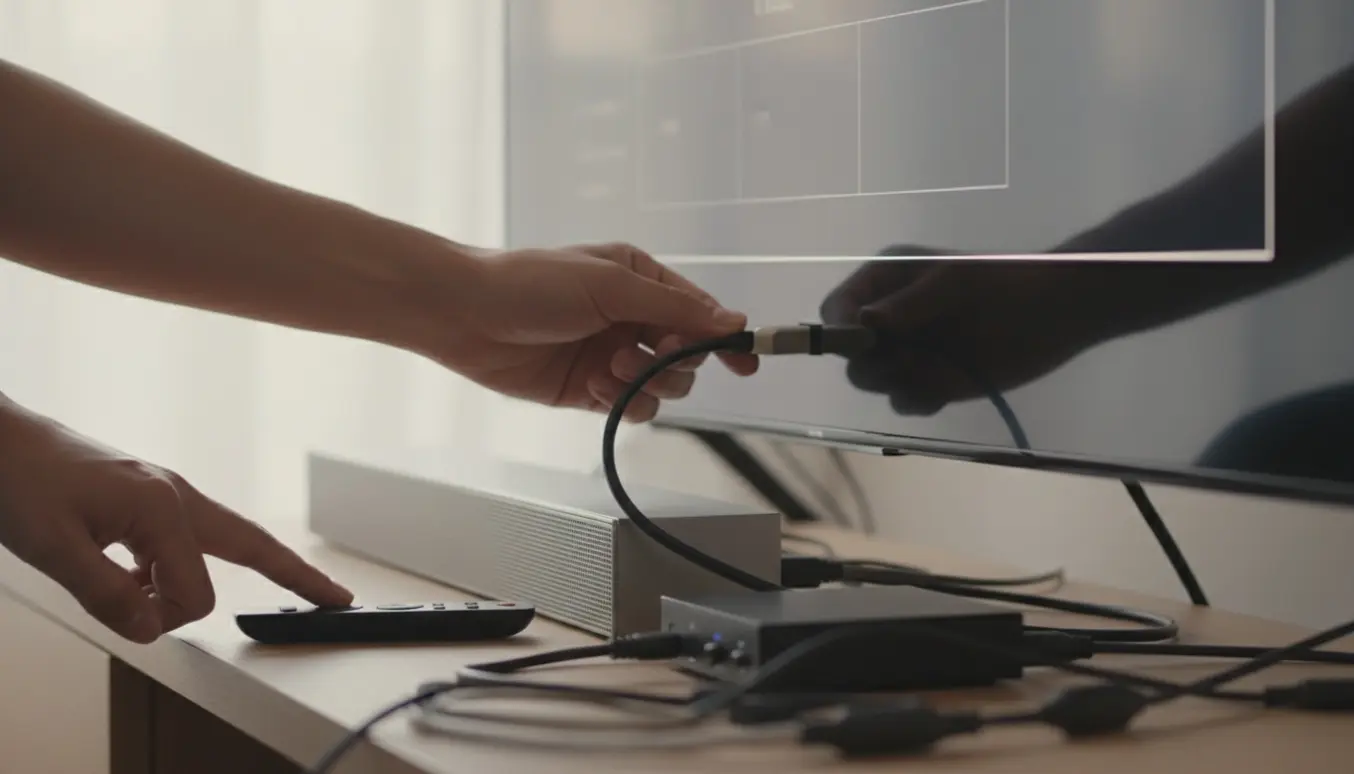 Hænder tilslutter et HDMI-kabel mellem et fladskærms-tv og et lydsystem med en optager og fjernbetjening på mediebordet.