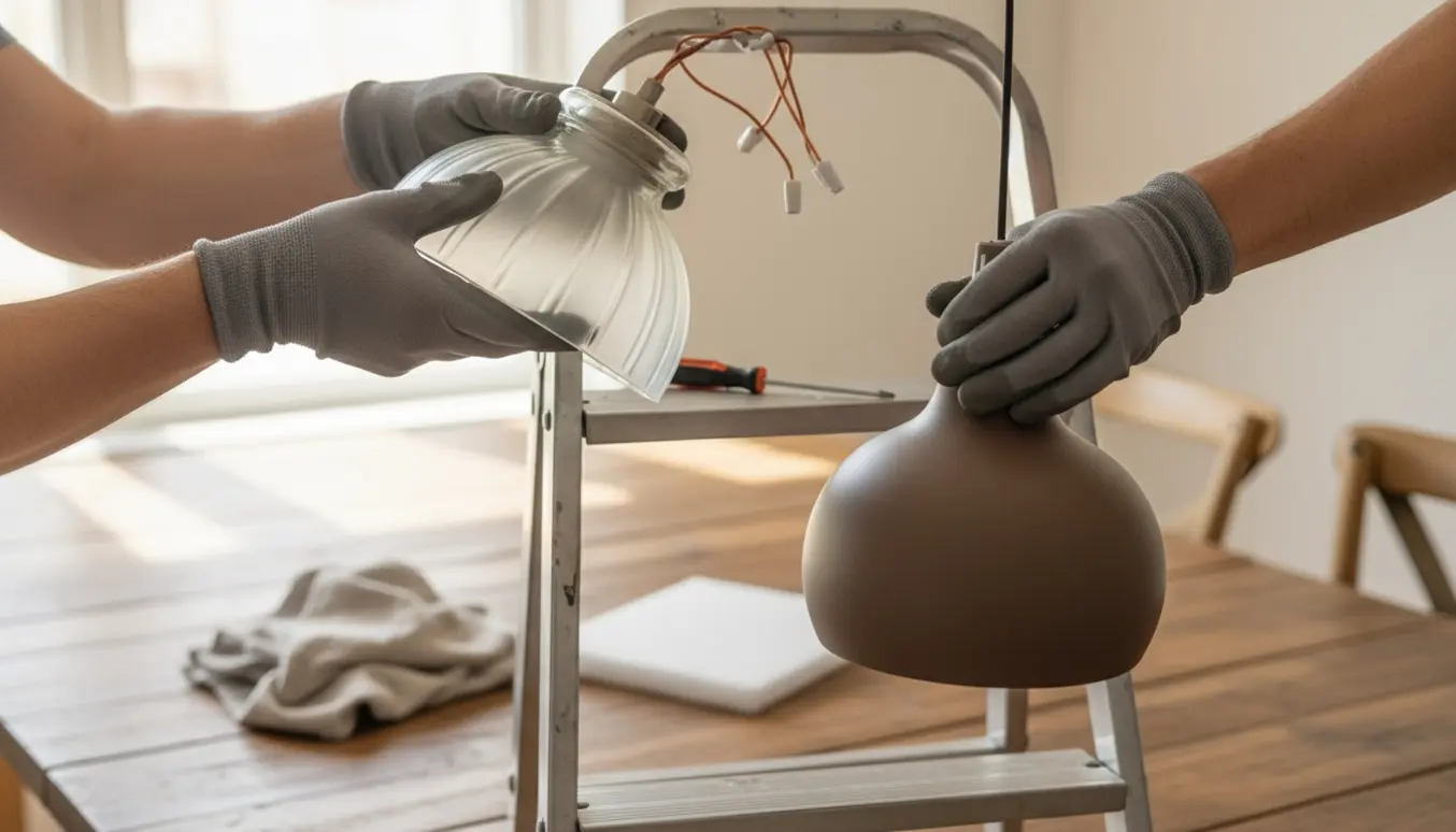 Hænder på en stige afmonterer en skrøbelig glasloftlampe og holder en let brun lampe klar over et spisebord.