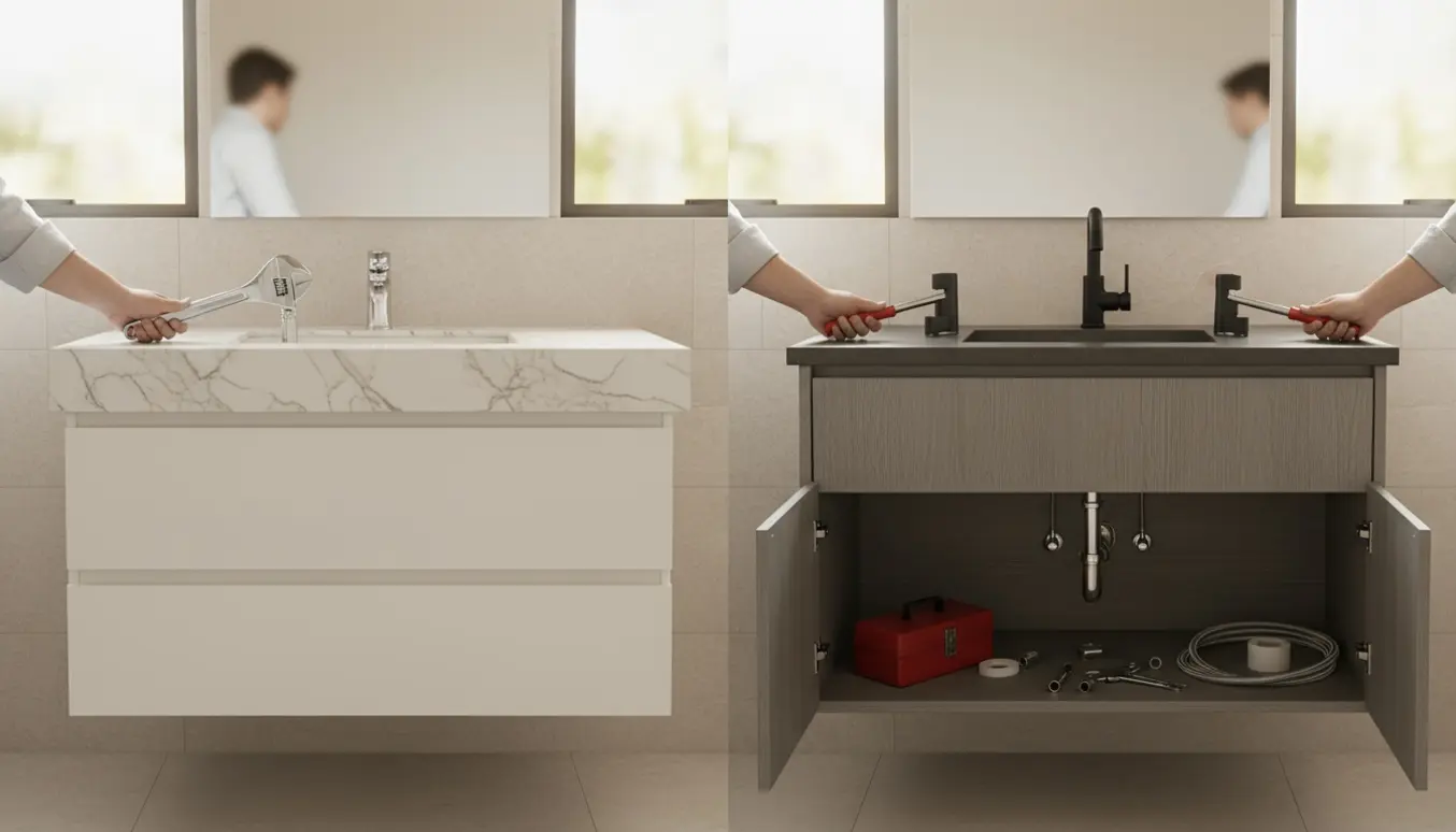 To badeværelsesvaske med hænder, der udskifter vandhaner, værktøj og nye armaturer på bordpladen.
