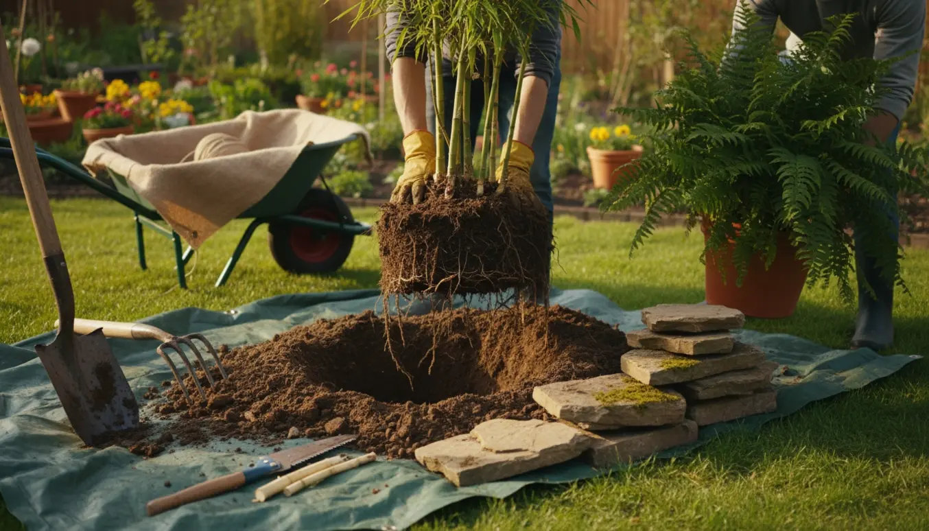 Hænder graver en bambus op og løfter en stor bregne i en baghave, mens marksten flyttes.