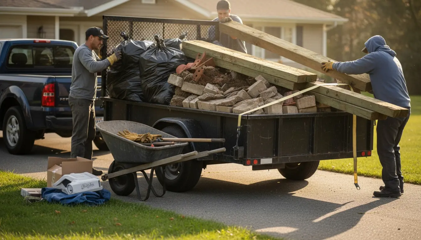 Arbejdere læsser blandet affald, gammelt trykimprægneret træ og sten på en trailer i en indkørsel.