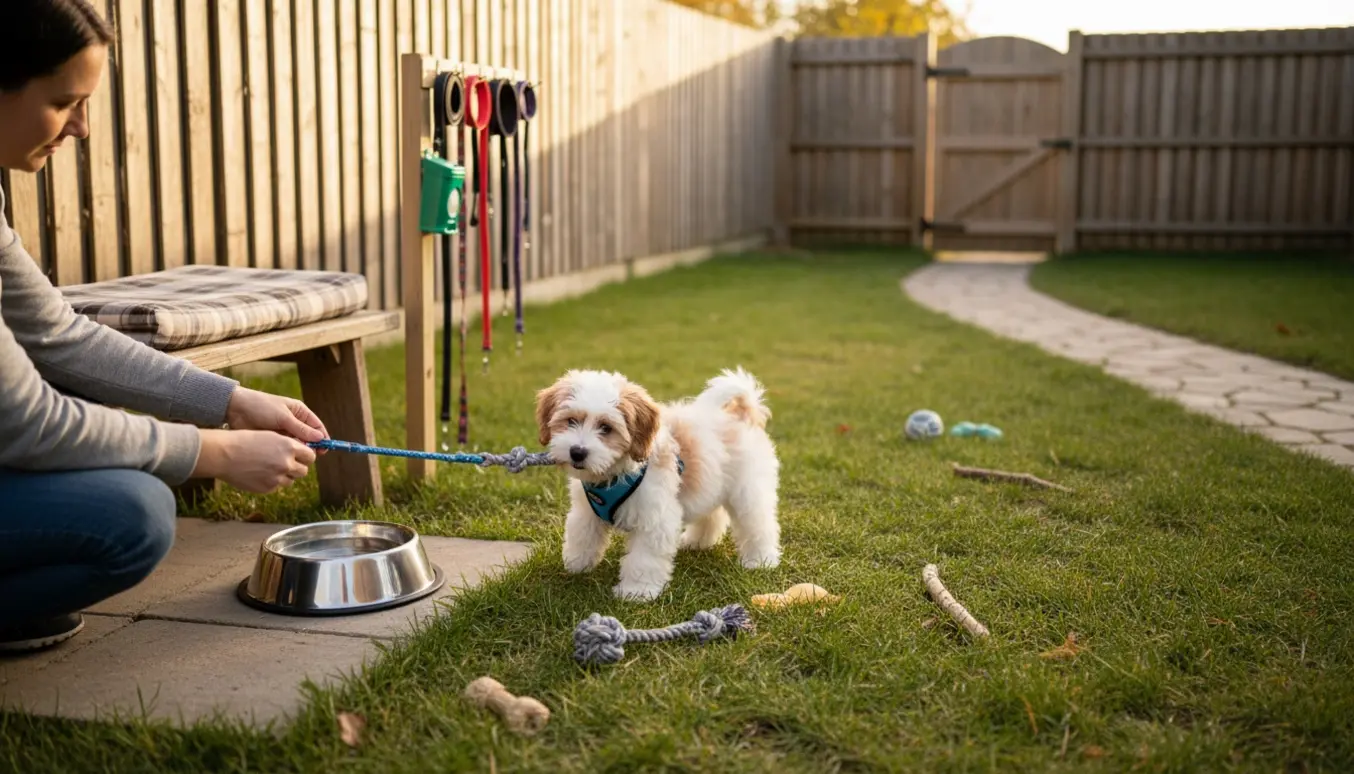 En ung havanese-hvalp leger i en solbeskinnet, indhegnet have mens en persons hænder fastgør snoren.