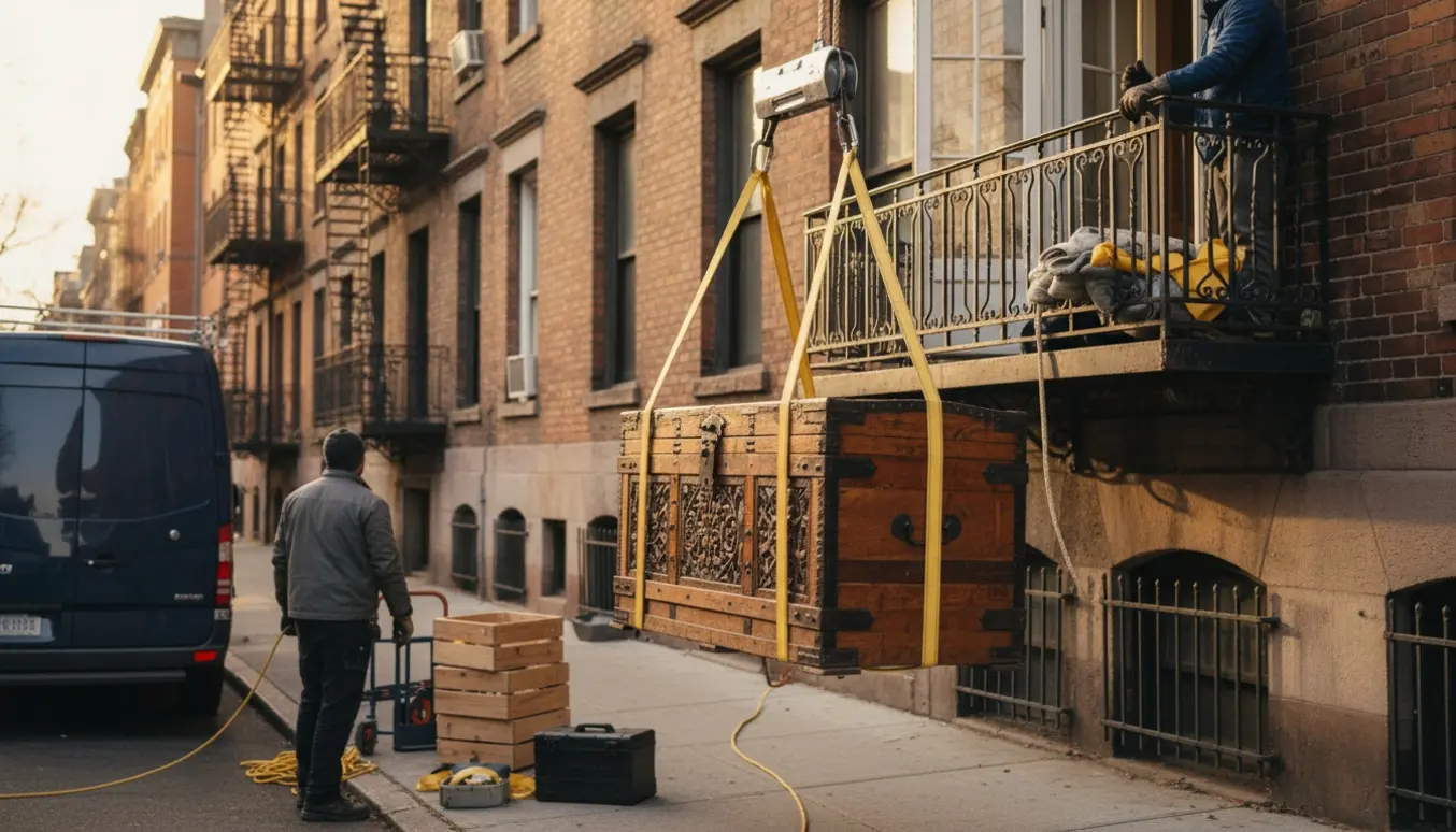 En trædragkiste løftes fra gaden op til tredje sal med stropper og flyttere, ansigter skjult.