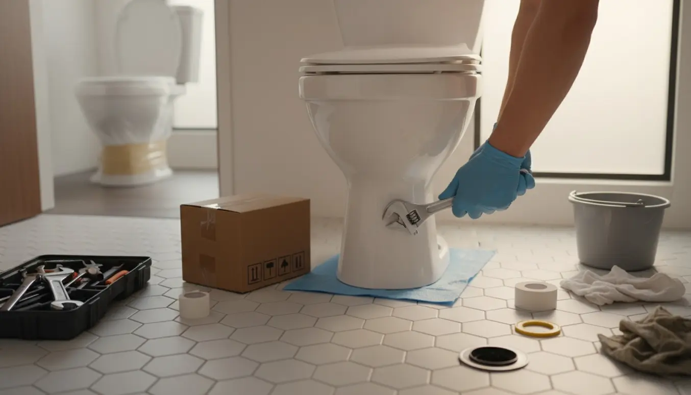 Et nyt toilet installeres i et lyst badeværelse, håndværkerens hænder arbejder med værktøj.
