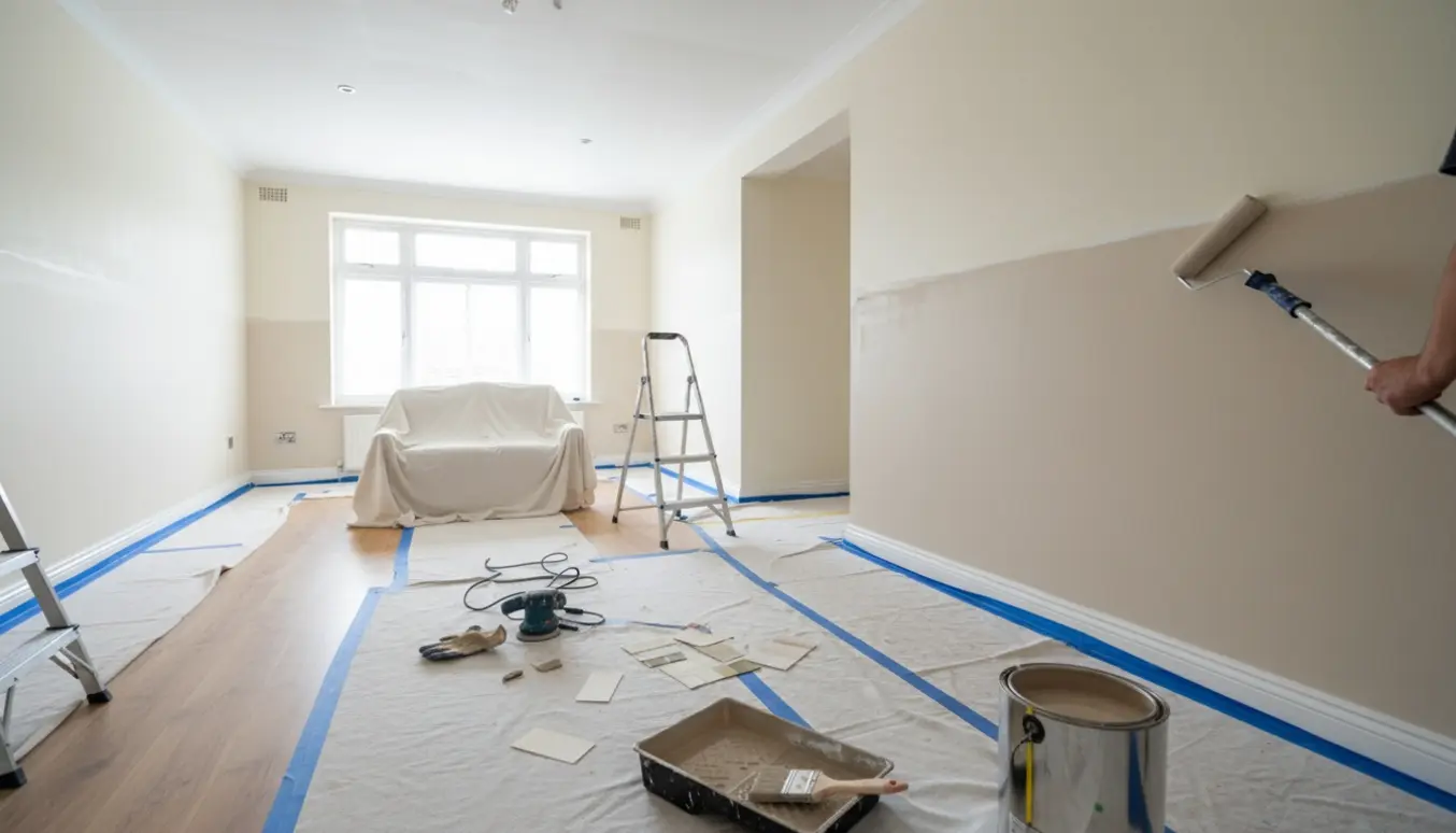 Indendørsfoto af maling i et nyere 2-årigt halvt dobbelthus med malerværktøj og afdækning i fokus.