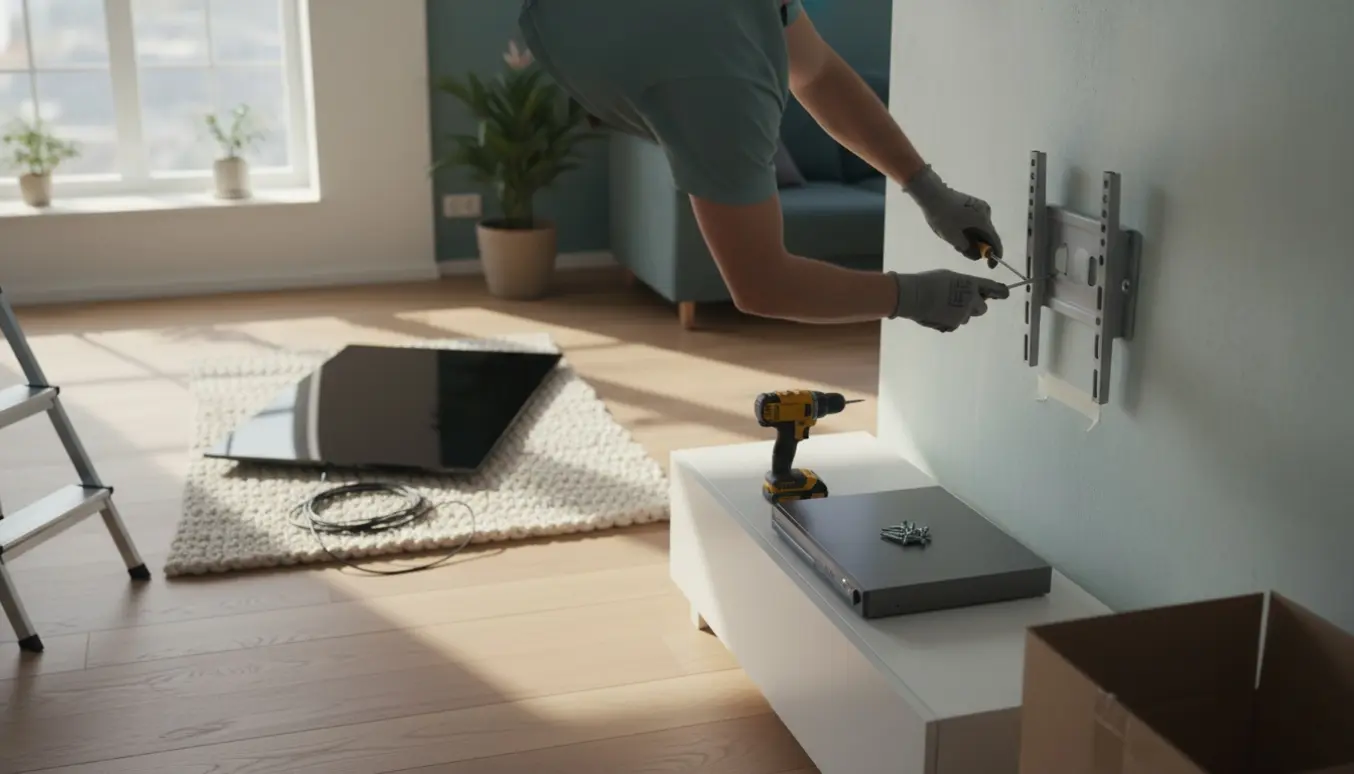 Fladt-tv og DVD-afspiller afmonteret fra væg i en lys stue med værktøj og kabler klar.