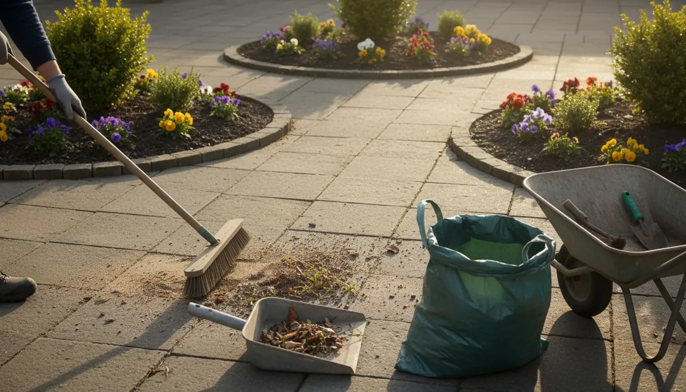 Vedligehold af flisebelagt uderum med lugning mellem fliser, feje sand og blade og indsamling af grønt affald.