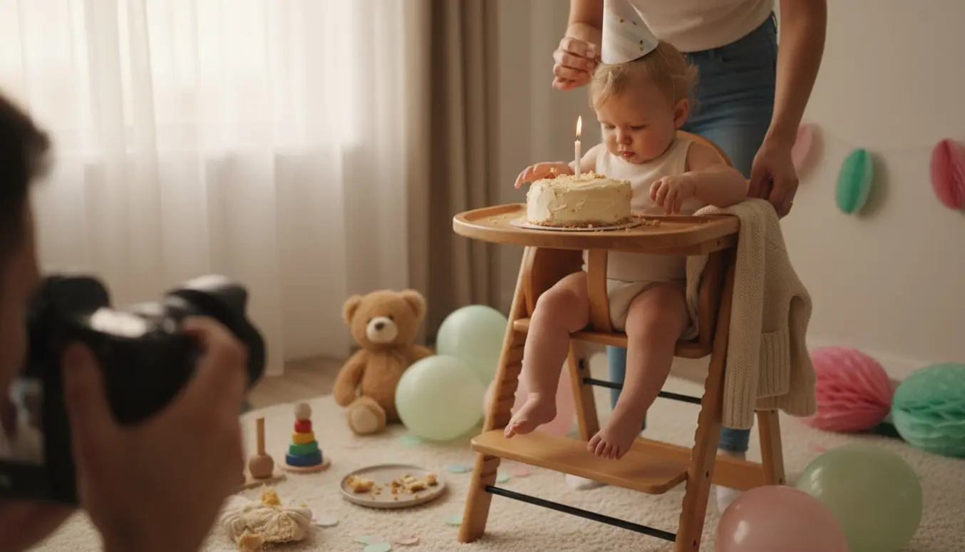 Indendørs billede af en baby i højstol, små hænder rækker mod en smash-kage omgivet af balloner og pynt.