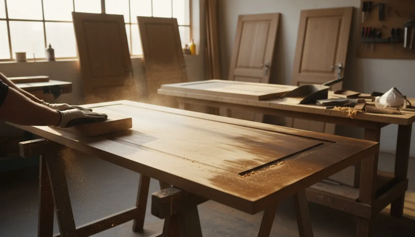 Nærbillede af håndslibning af en egetræsdør på et værksted med flere døre i baggrunden.