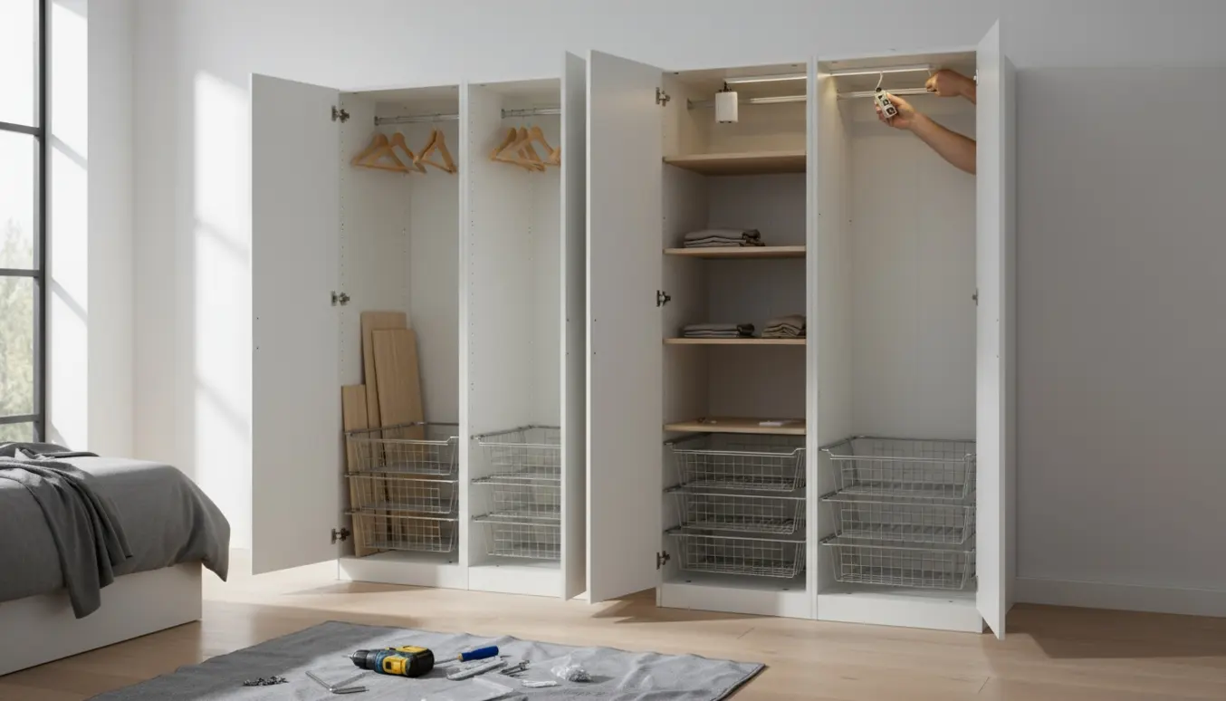 To høje skabselementer under montering med hylder, trådkurve og en hånd, der monterer en batteridrevet lysskinne indeni.