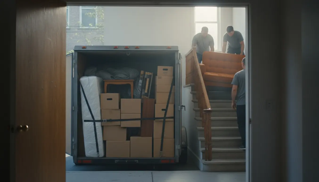 Flyttere bærer sofa og stabler flyttekasser i en trappeopgang med åben trailer udenfor.