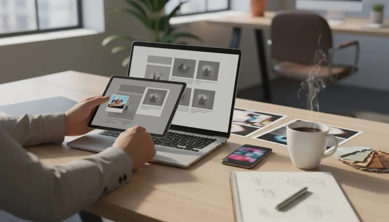 Nærbillede af hænder, der opsætter et nyhedsbrev på en laptop med tablet, smartphone, trykte billeder og notesblok på et lyst kontorbord.