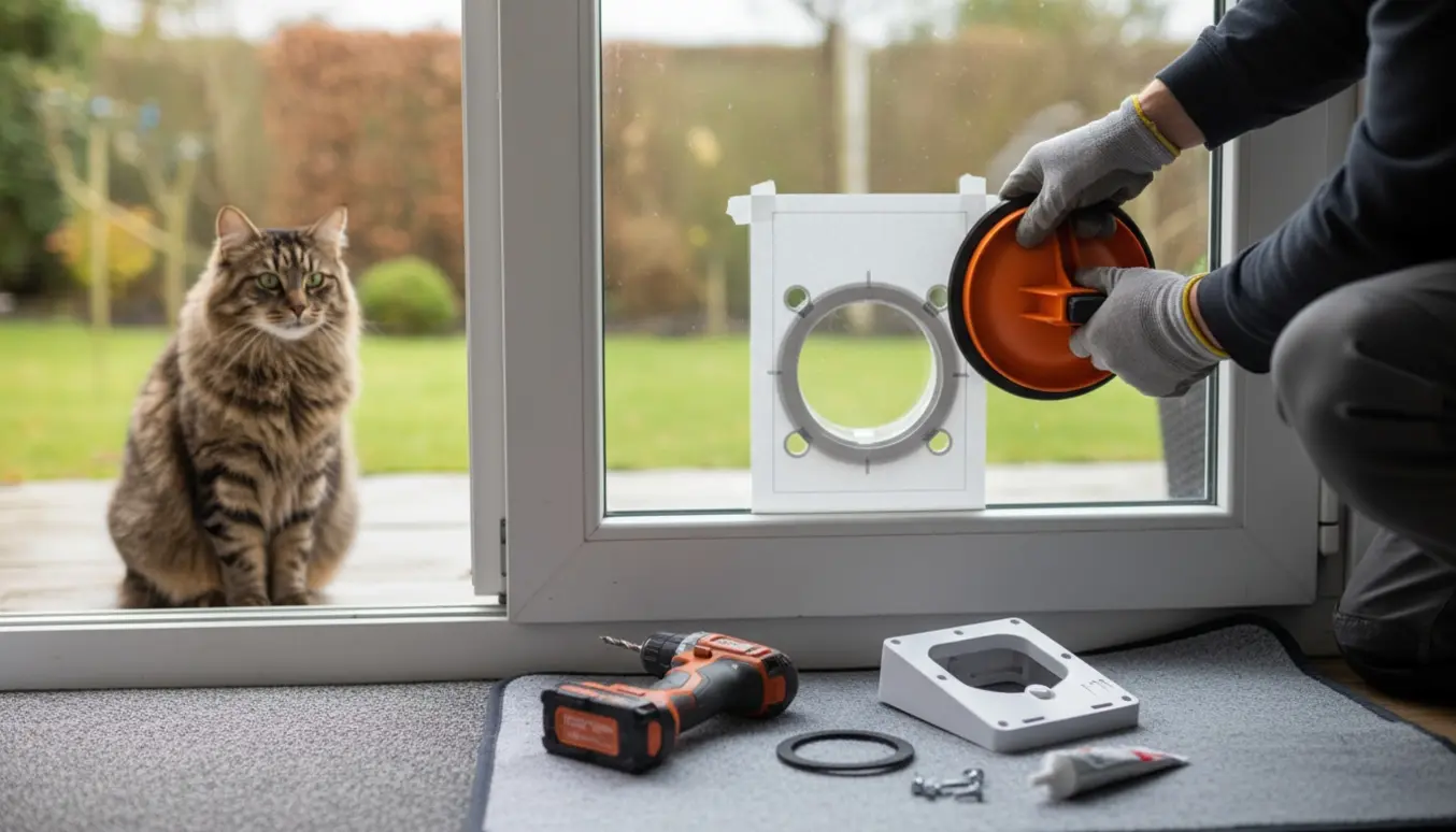 Tekniker monterer en kattelem nederst i en termorude, mens en kat venter ved døren.