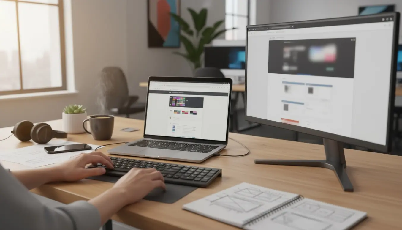 Hænder arbejder ved bærbar og skærm med webstedsredigeringsskærme i et lyst kontor.
