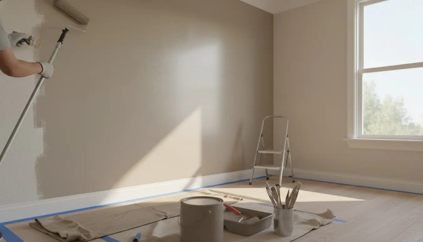 Maler maler en væg i et lille soveværelse med rulle og pensel, malerbøtte og afdækning i naturligt dagslys.