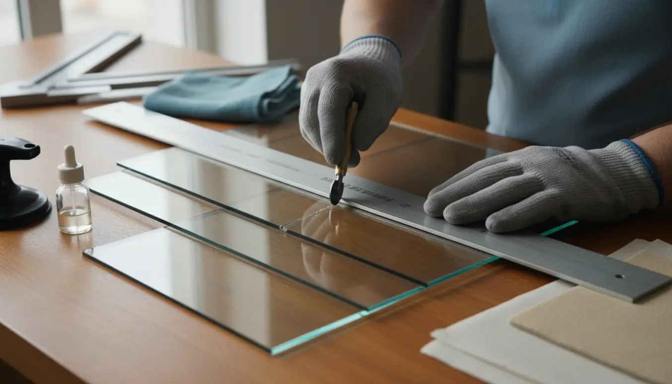 Tre tynde glasplader på et træværksted, klar til præcis opmåling og skæring.