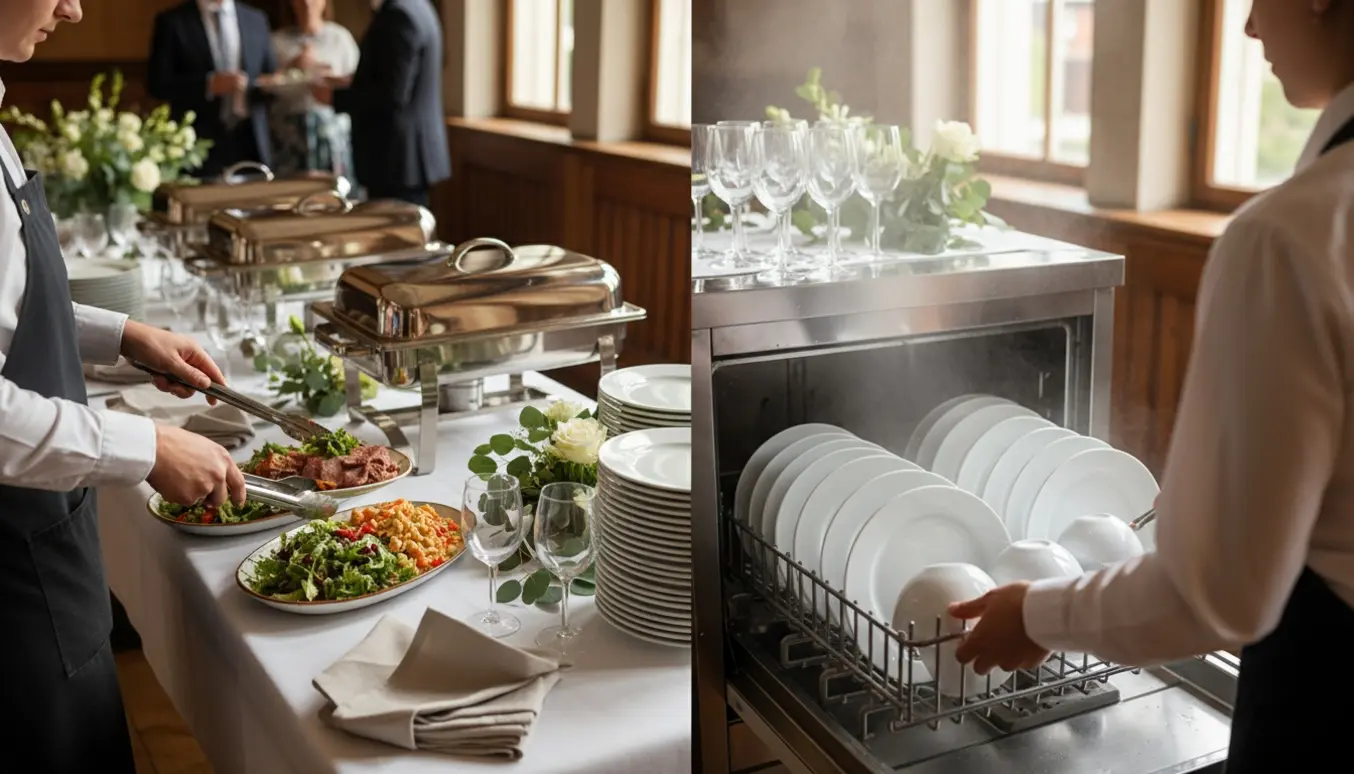 To serveringsassistenter i forklæder serverer buffet og håndterer opvaskemaskine i et lyst festlokale.
