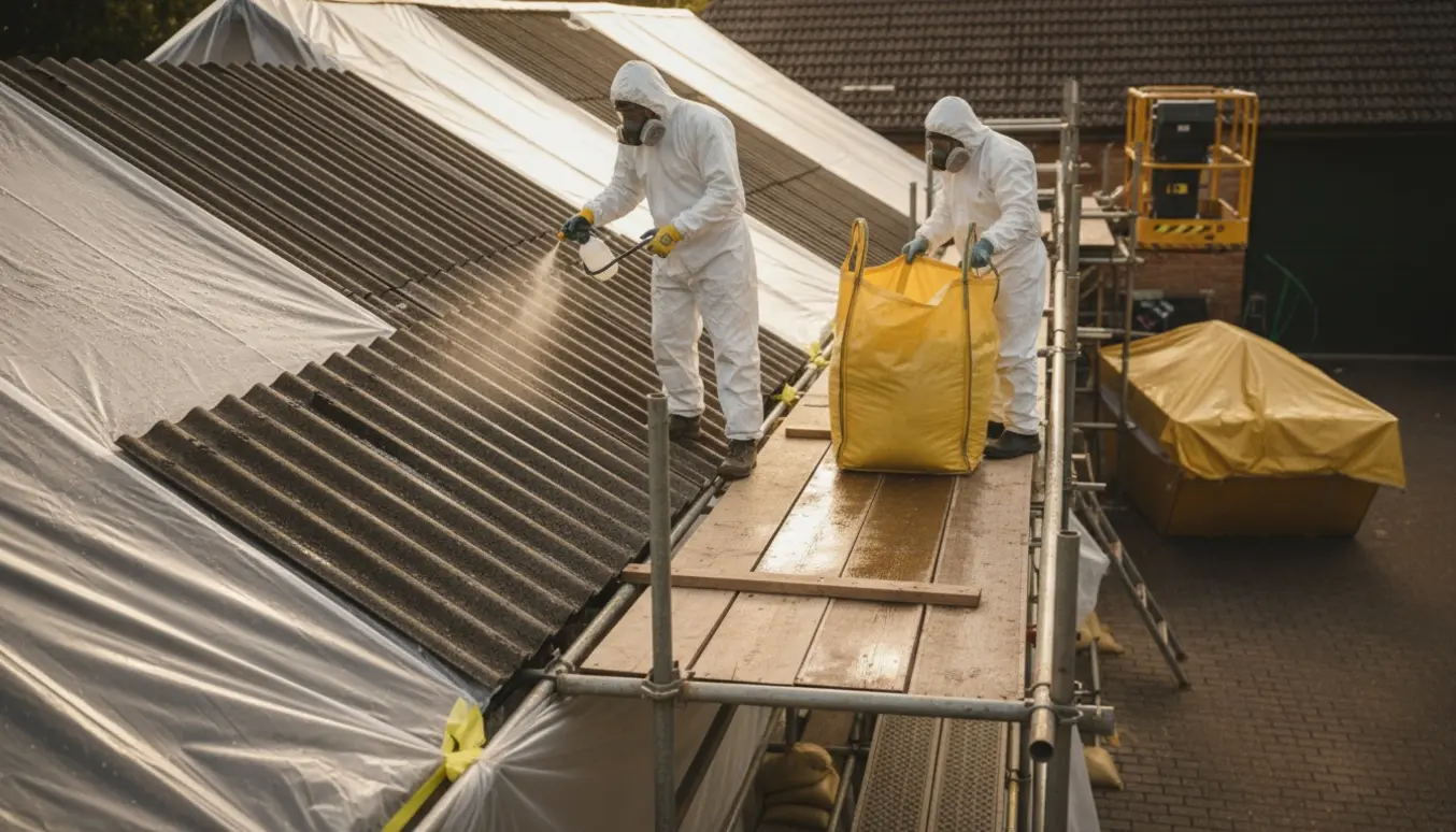 To arbejdere i beskyttelsesdragter fjerner og indpakker grå corrugerede tagplader, mens området er afdækket og affald lægges i forseglede sække.