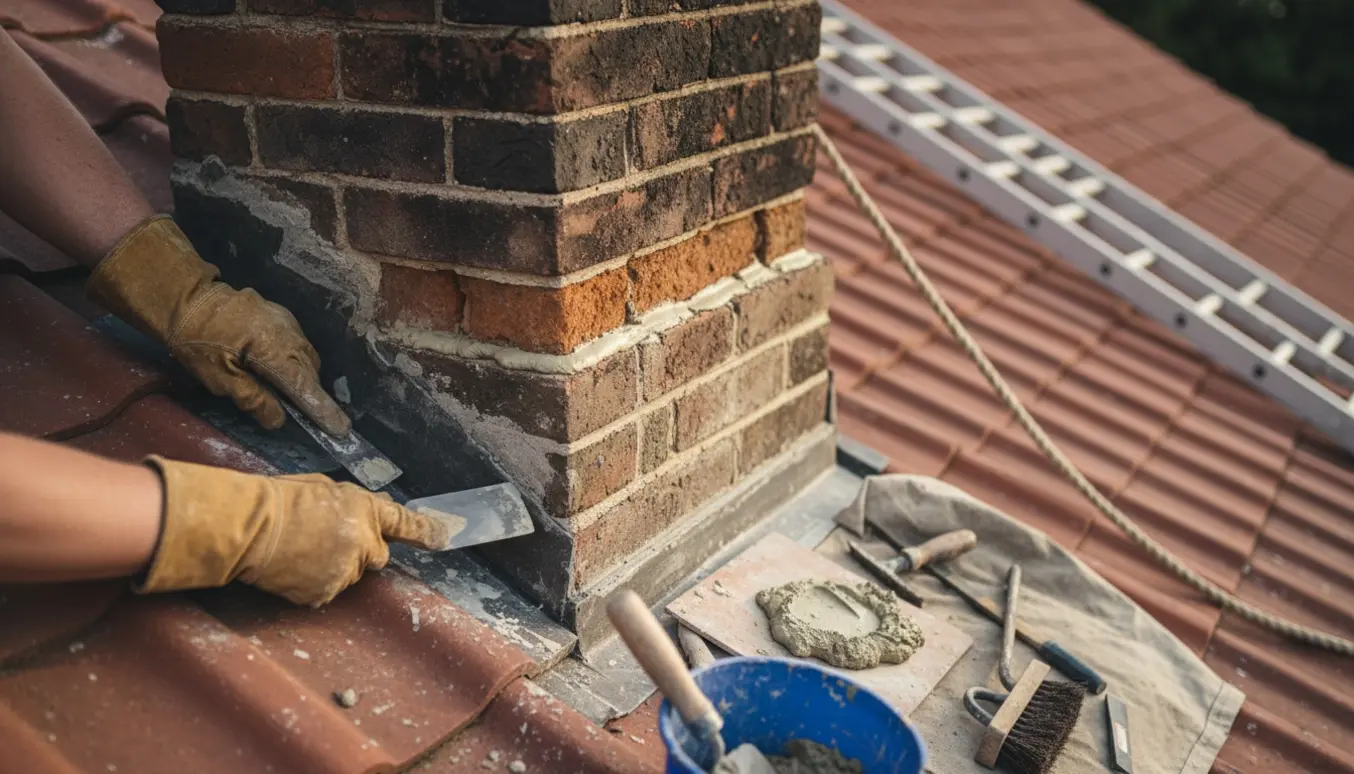 Hænder fylder frisk mørtel i fuger på en murstensskorsten på et tag.