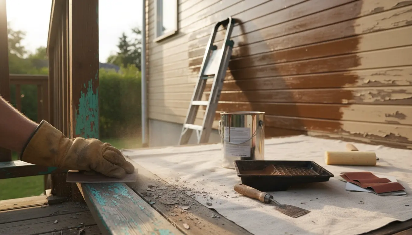 Nærbillede af slibning og maling af et udendørs trærækværk og facade med værktøj lagt frem.