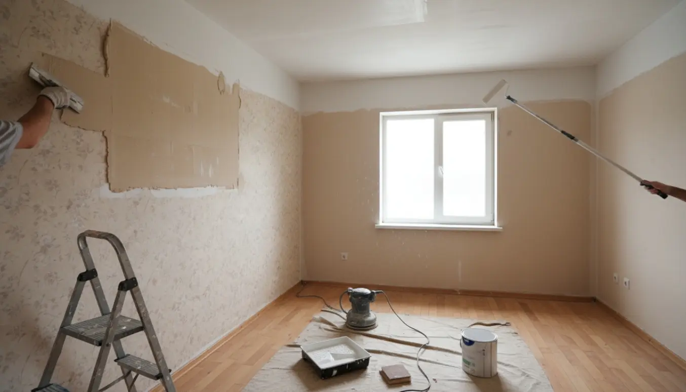 Tomt værelse med spartlede vægge og loft under maling, værktøj og slibestøv på trægulvet.