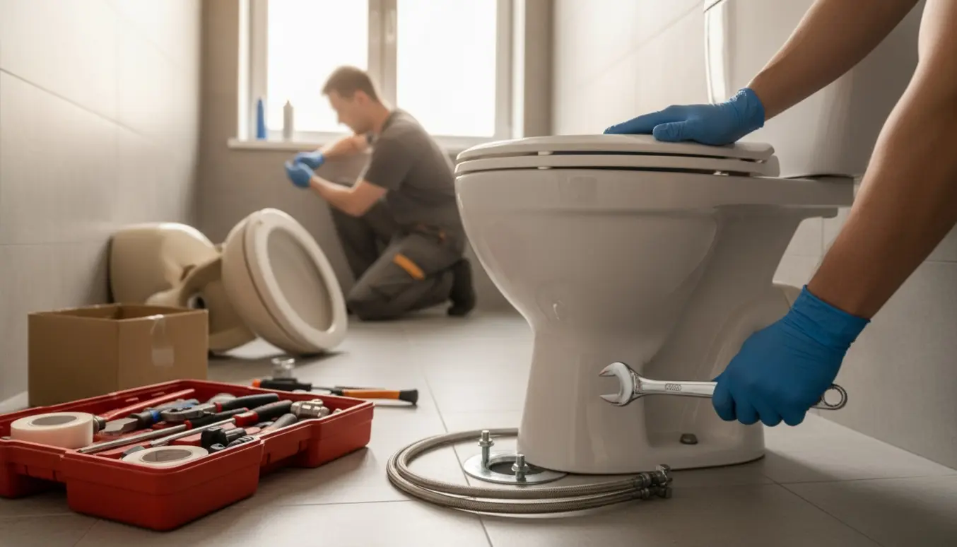 Et nyt toilet monteres i et badeværelse med håndværkerhandsker og værktøj i forgrunden.