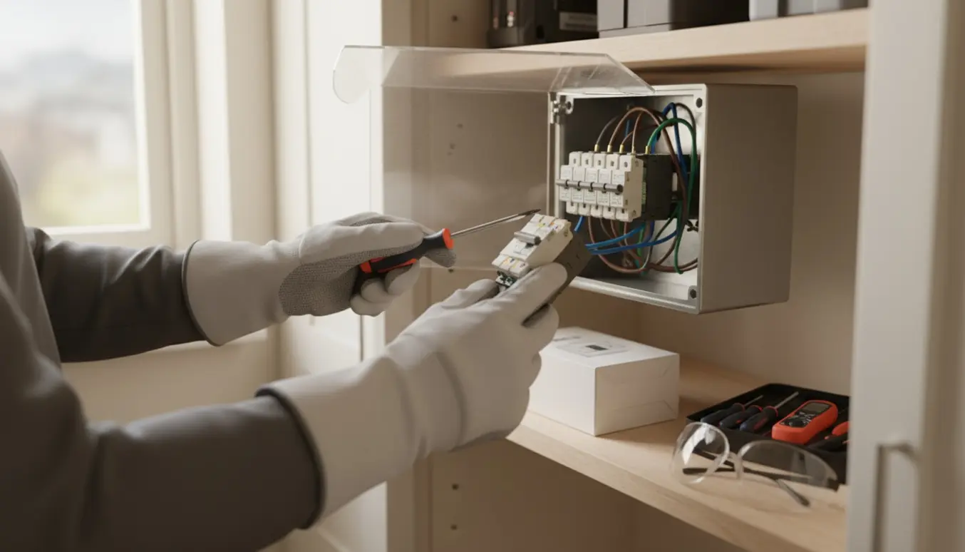 Hænder med isolerede handsker udskifter en sikringsboks i et el-skab.