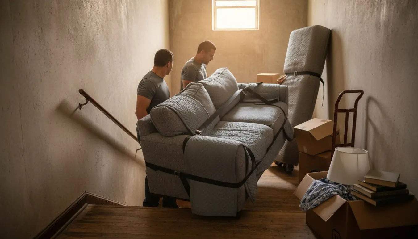 Flyttemænd bærer en sofa, madras og flyttekasser ned ad en opgang i en lejlighedsbygning.