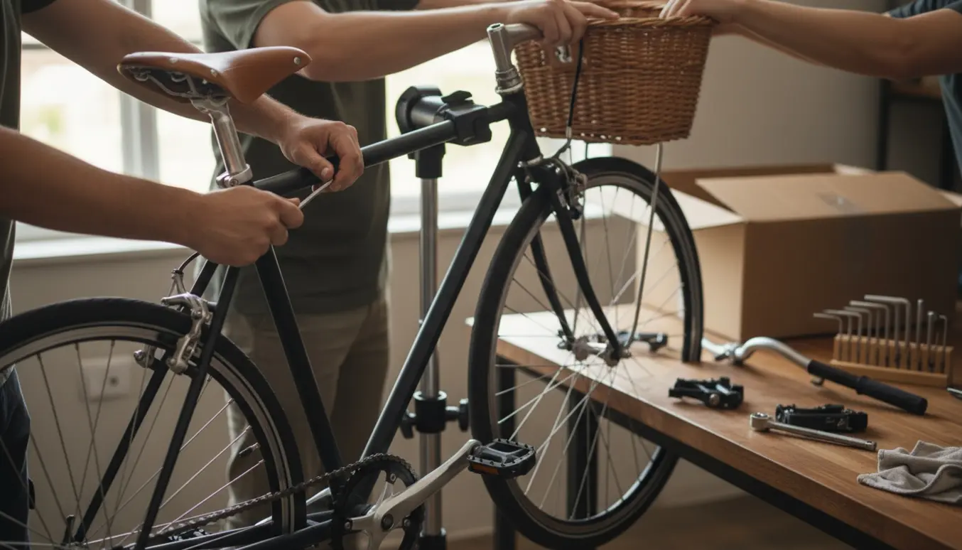 Hænder samler en ny cykel med sæde, styr, pedaler og cykelkurv i et lyst værksted.