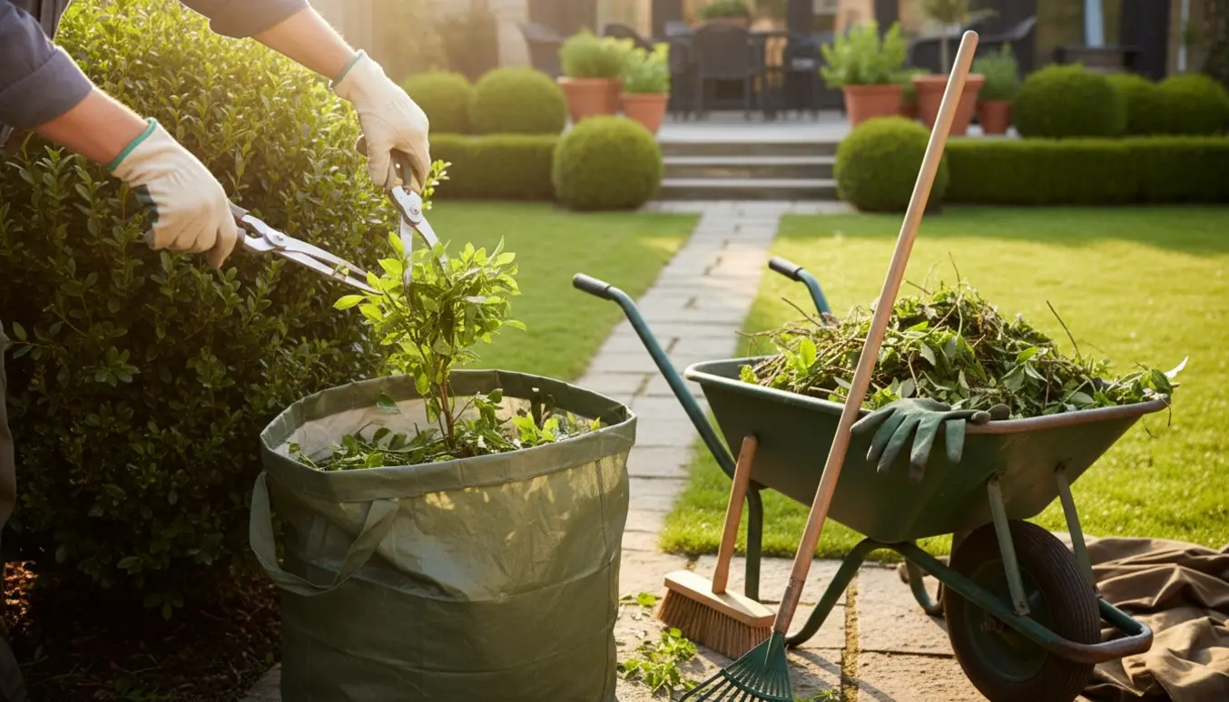 Handsker og beskæresaks klipper en busk i en velholdt, solbeskinnet have.