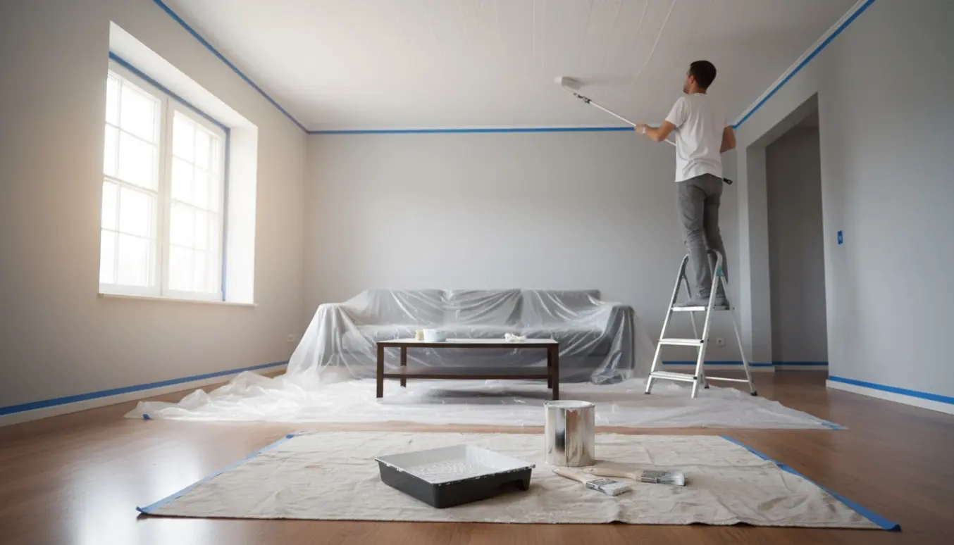 En maler ruller hvidt loft og lysegrå vægge i en lys, ryddelig stue.