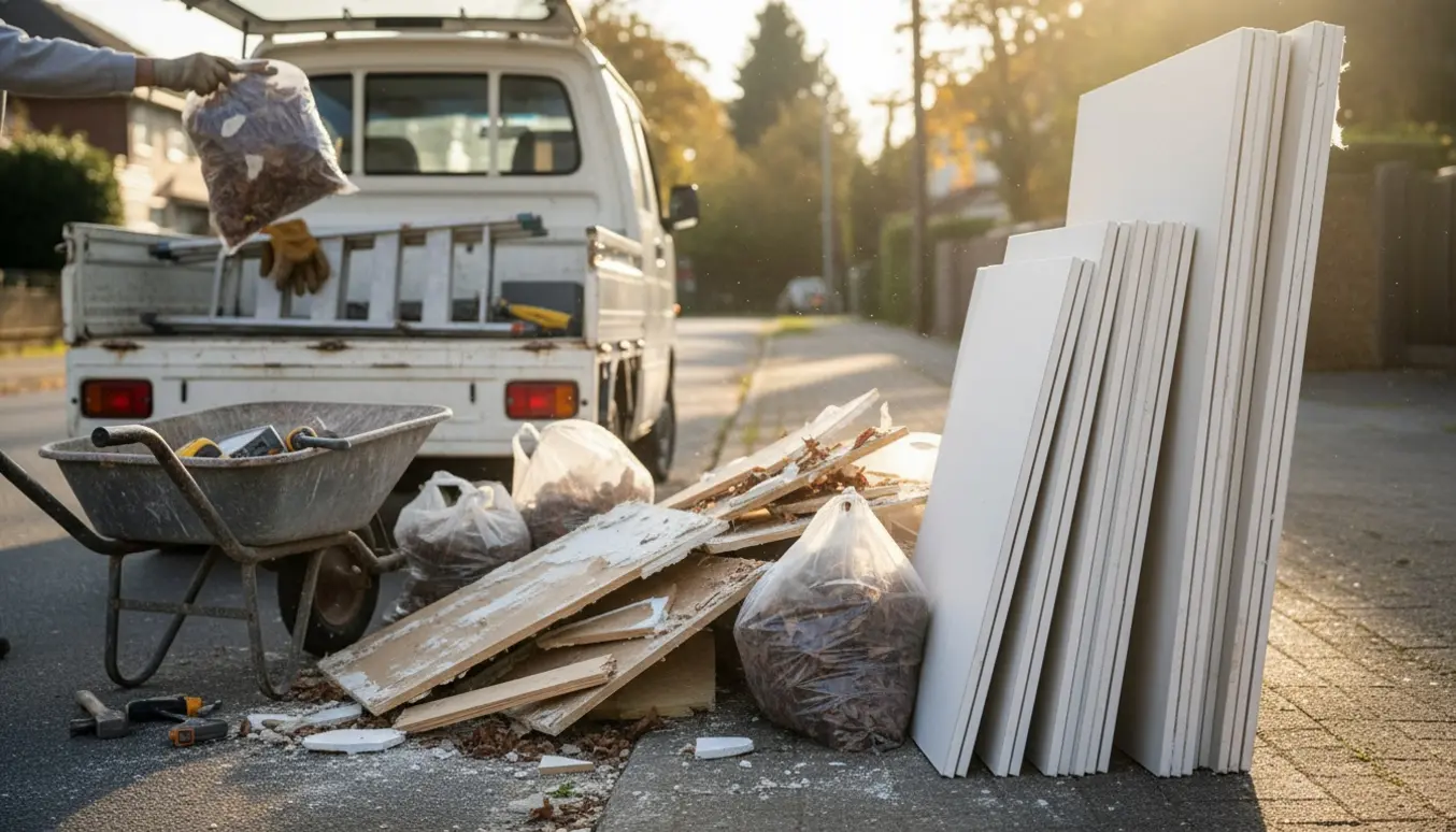 Stak af gipsplader og poser med løv og byggeaffald ved en åben varebil klar til afhentning.