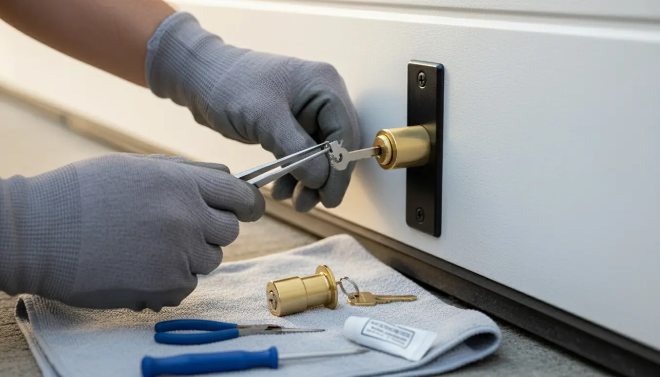 Hænder trækker en brudt nøgle ud af en garagecylinder med værktøj ved siden af.