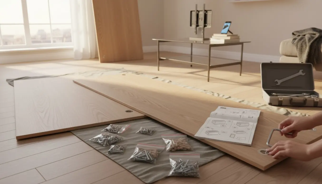 Samling af flatpack-klædeskab og lille TV-stativ på stuegulvet med dele og værktøj spredt omkring.