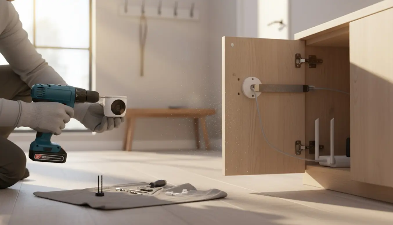 Nærbillede af installation af et lille indendørs overvågningskamera i en entre med boremaskine, fil og kabler.