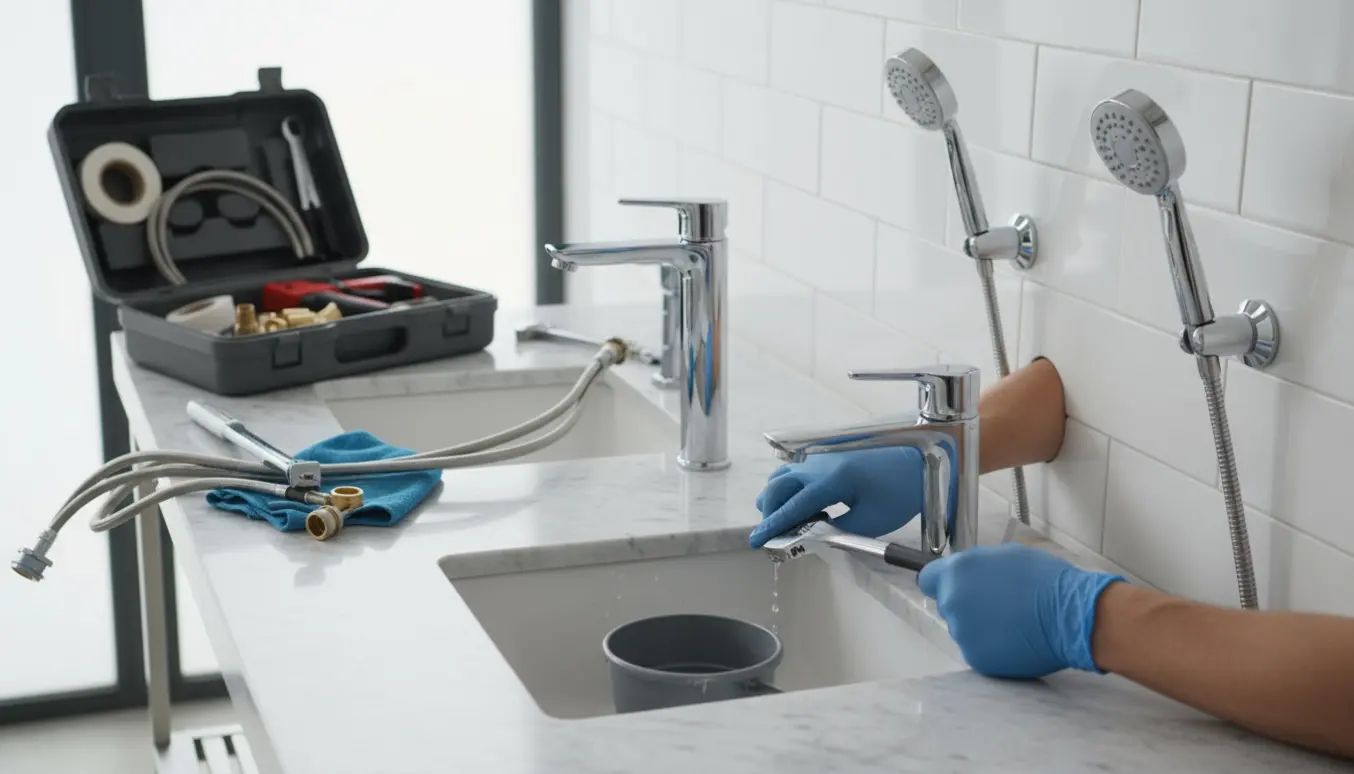 Hænder installerer tre nye håndvaskarmaturer og to håndbrusere i et lyst flisebadeværelse.