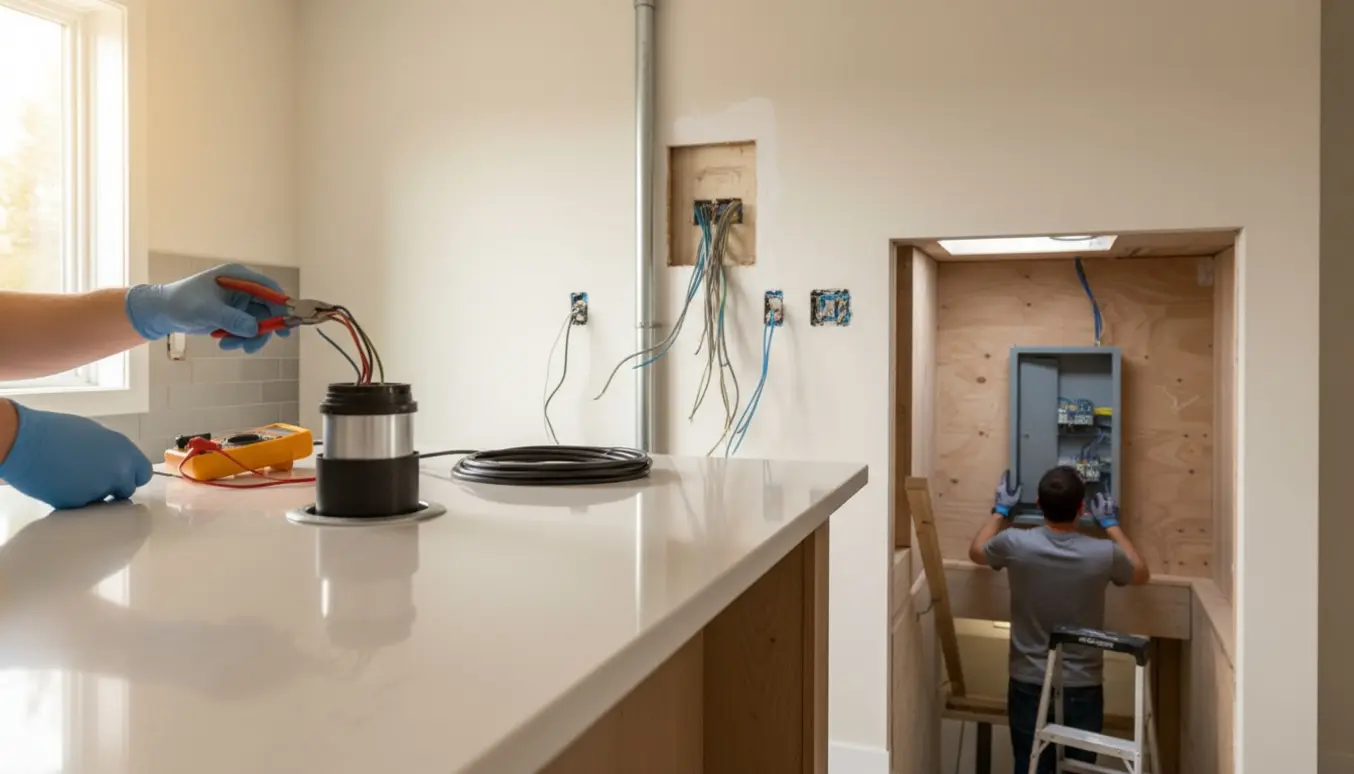 Elektriker forbinder kabler ved en pop-up-stikkontakt i et køkken, mens en ny el-tavle monteres i kælderen nedenunder.