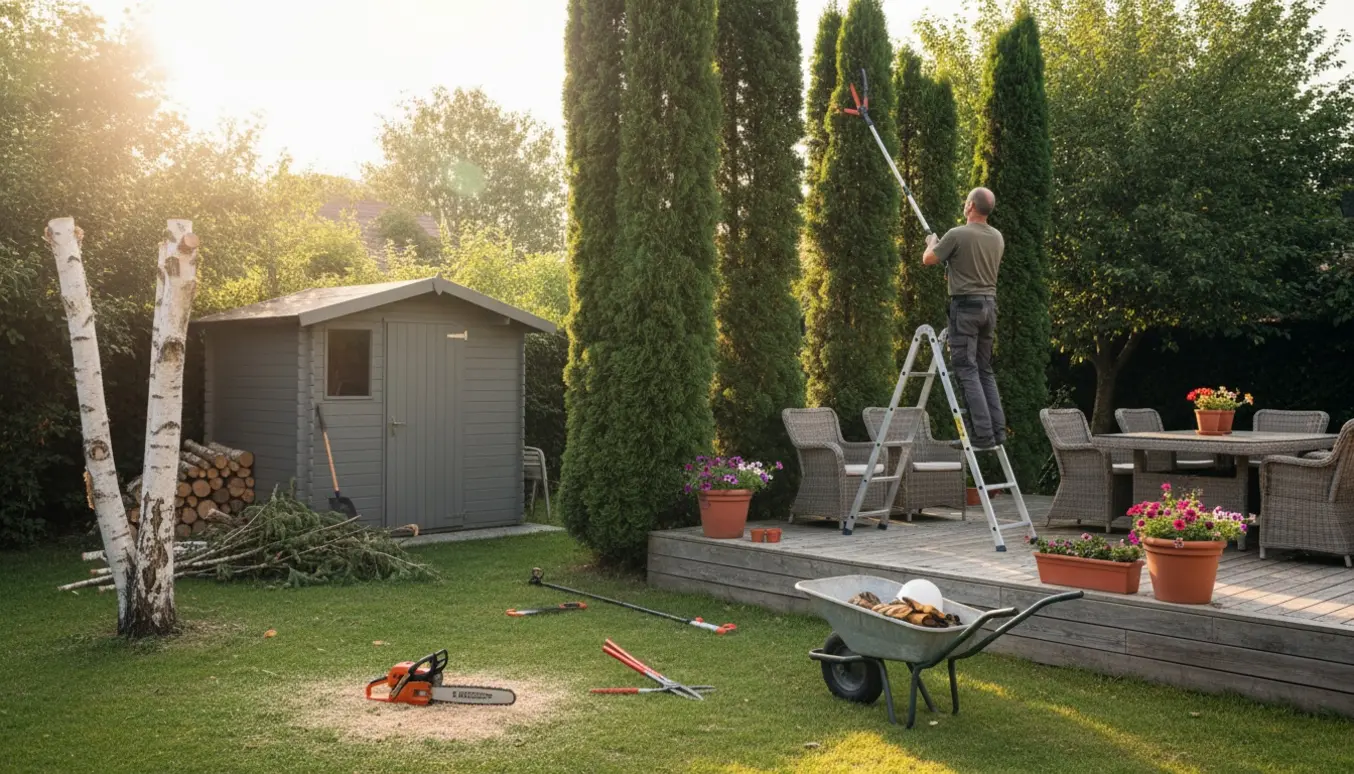 Beskåret cypres over en solbeskinnet terrasse og en toppet birk ved et lille skur med stablede grene.