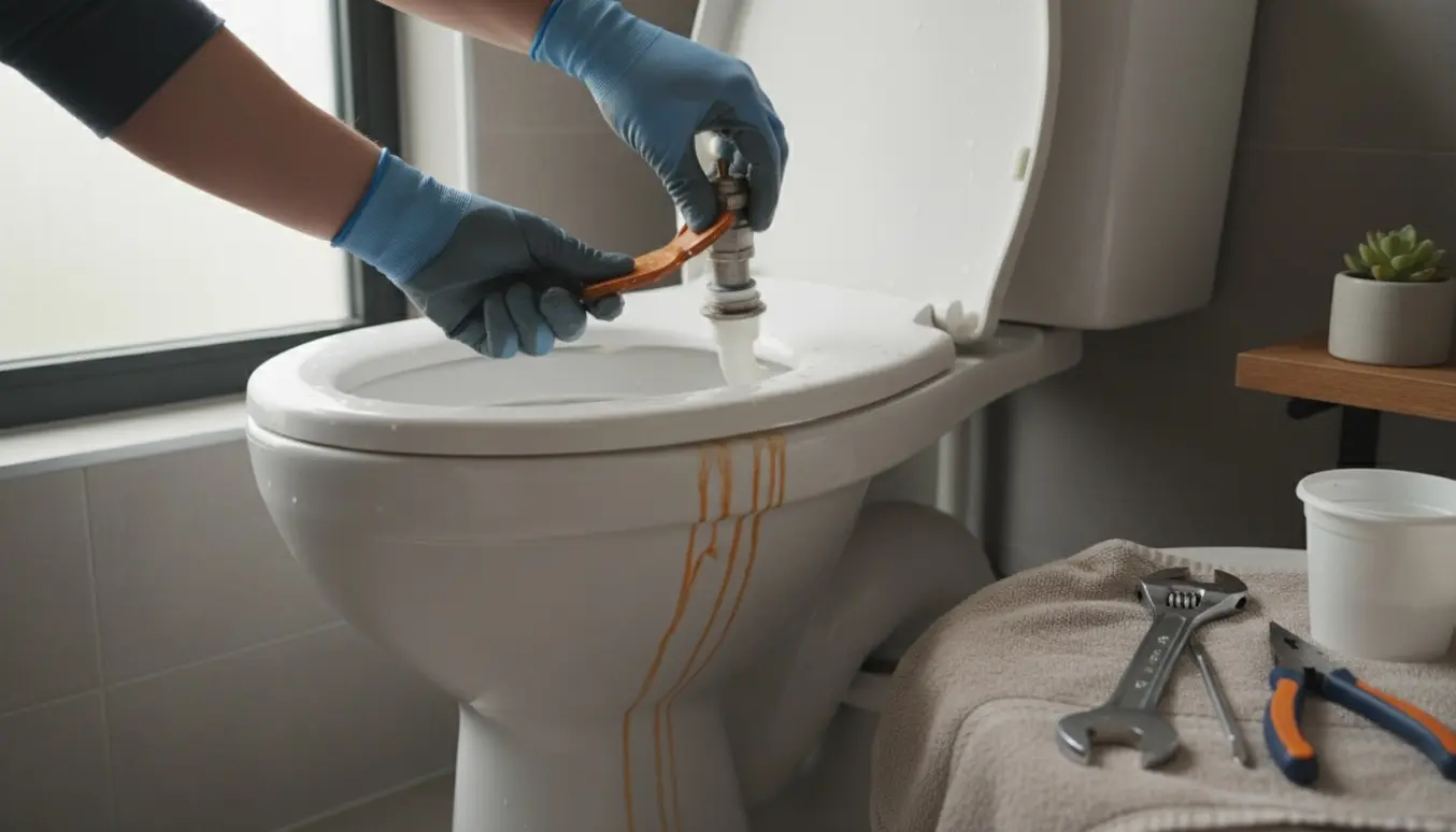 Hænder udskifter toilettankens indmad mens ruststriber ses i toiletkummen.