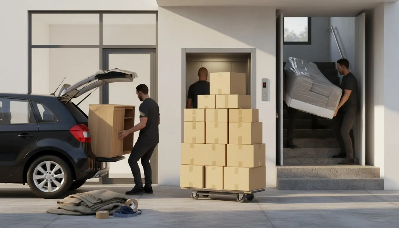Flyttefolk bærer en stor sofa op ad trappen, mens cirka 30 flyttekasser står i en lille elevator og en bil er parkeret ved stueetagens dør.