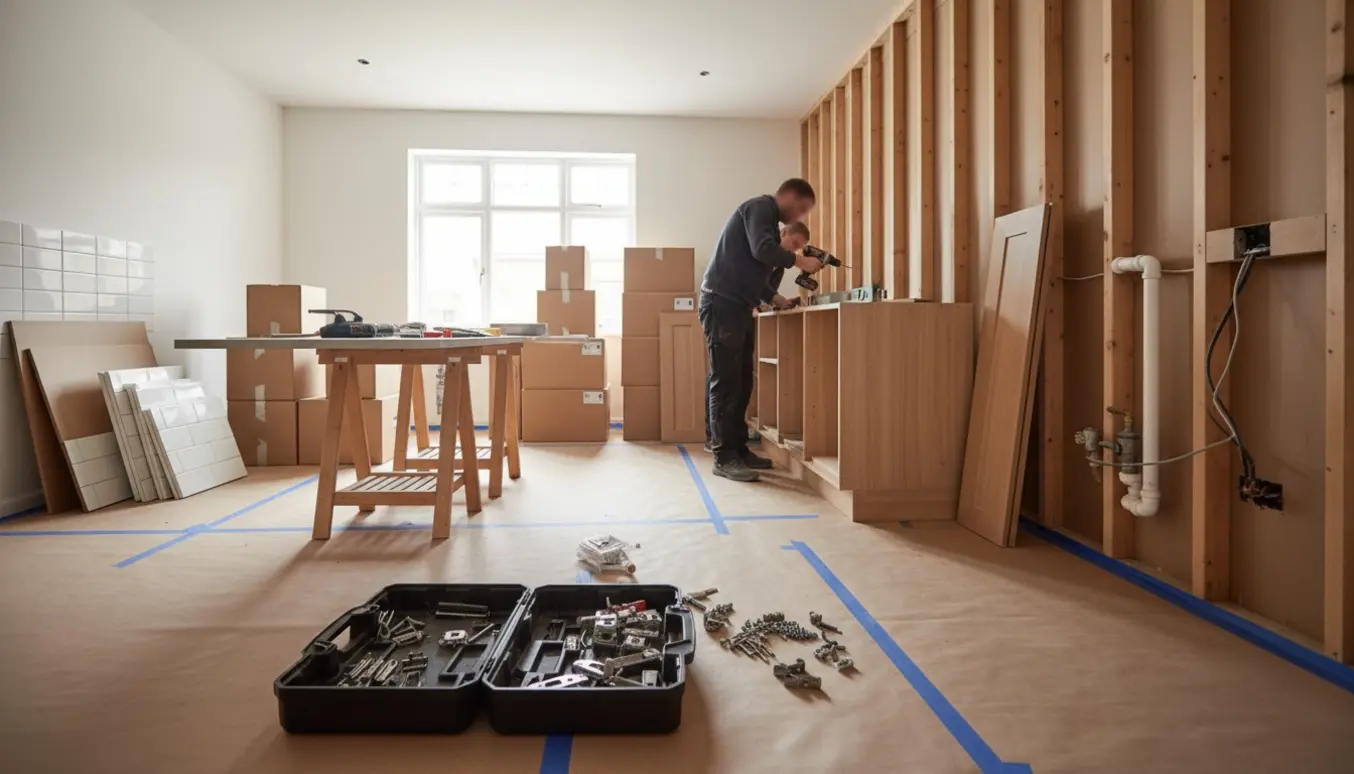 Køkkenrum under renovering med nye skabselementer, værktøj og håndværkere i gang.