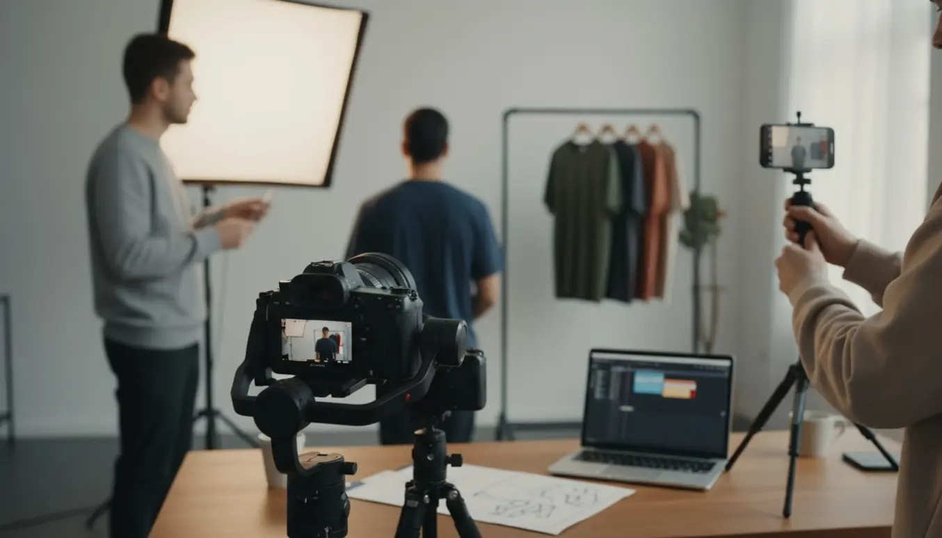 Bag-om-scenen brandvideooptagelse med kamera på gimbal, personer i skjorter og lysudstyr, uden tydelige ansigter.
