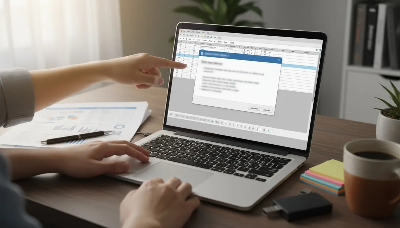 Laptop med sløret fejlmeddelelse i et regneark, hænder ved tastatur og spredte udskrifter på et skrivebord.